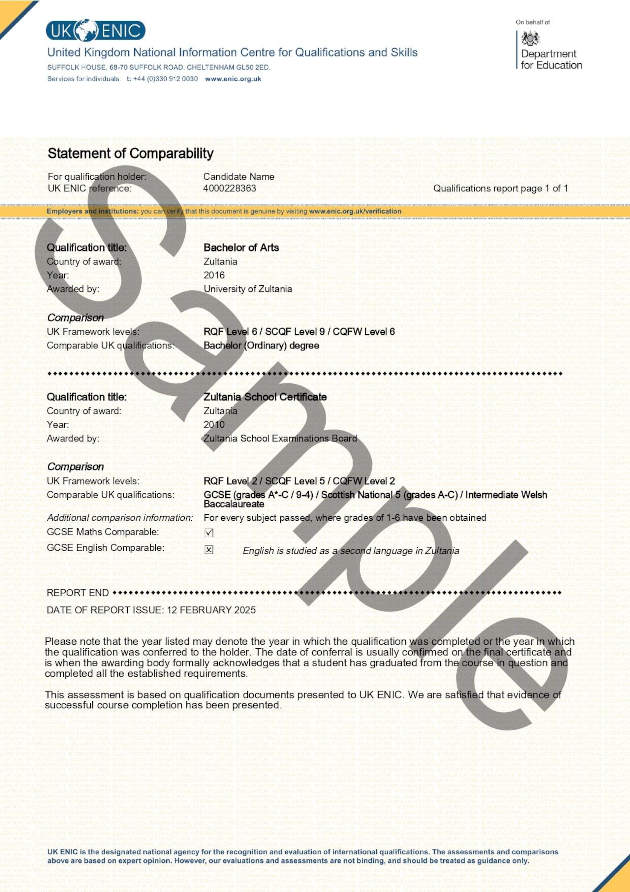 This is an example of a Statement of Comparability by UK ENIC. The 1-page document compares qualifications from an international country with equivalent UK qualifications.